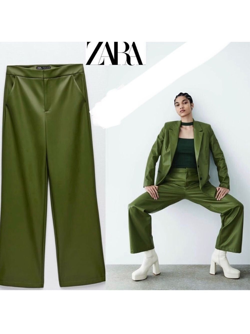 Zara Green high-rise faux leather pleather straight bootcut pants vegan XS